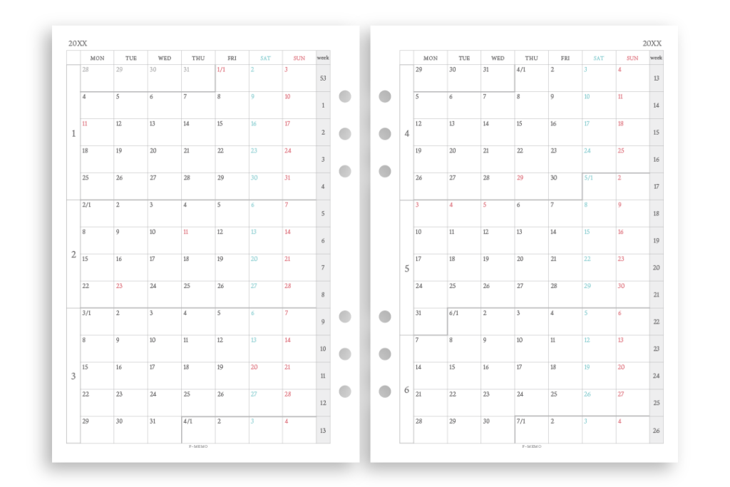 23年 22年 年間カレンダー A5 連続タイプ見開き6カ月 F Memo エフメモ